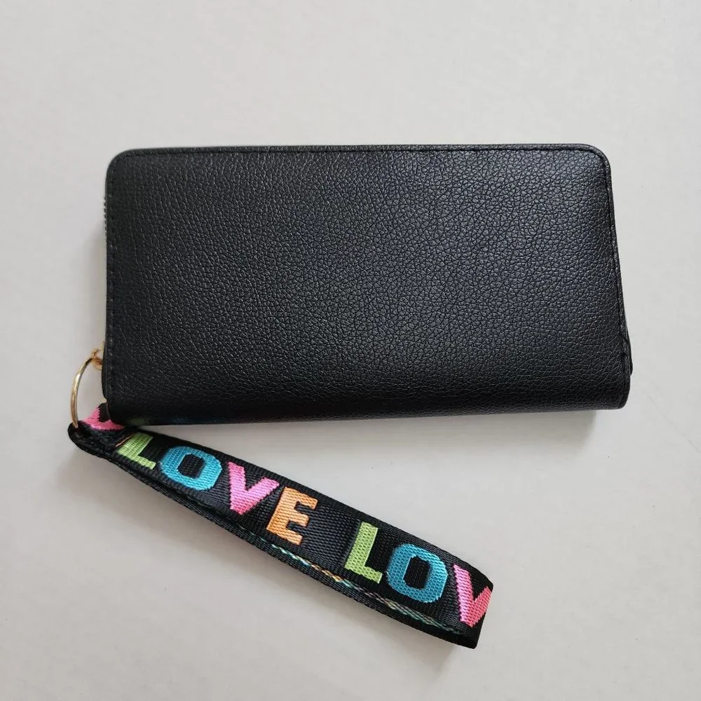 Black Pebble Leather Zip Around Wristlet Wallet with Colorful 
